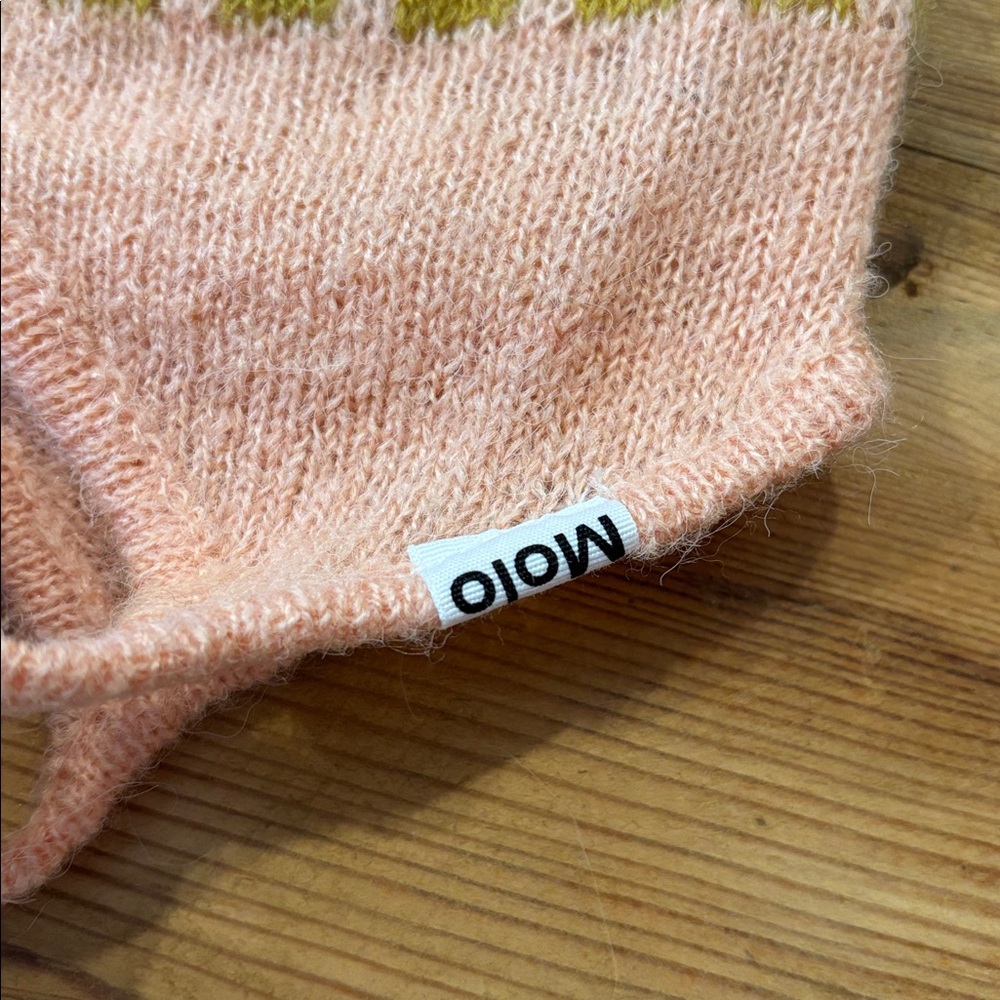 New! MOLO 6-12M Pink Alpaca Wool Bay Fair Isle Nordic Bunny Chin Tie Hat Cap - Picture 2 of 5